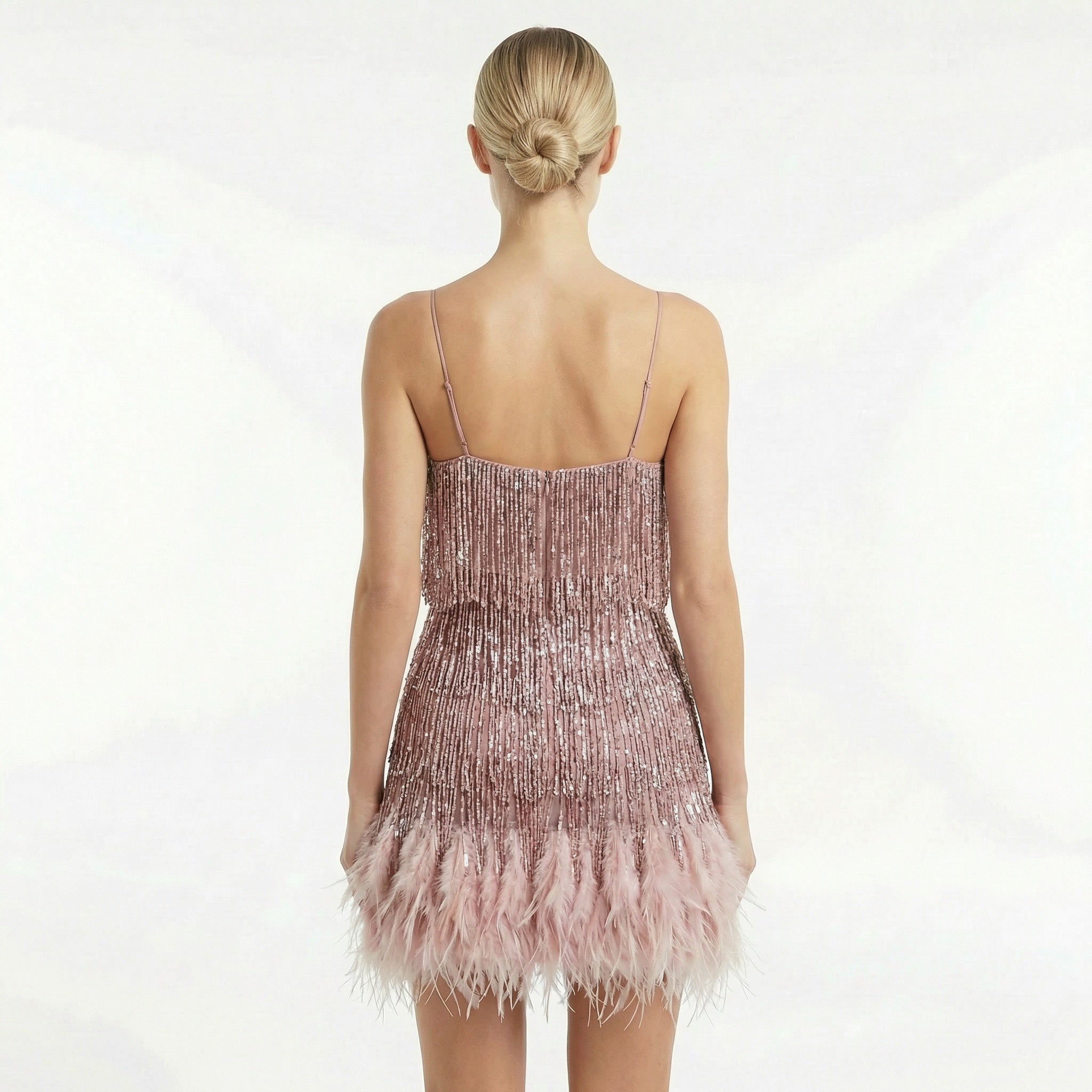 Women's Fringed Feather Mini Dress - Spaghetti Strap Party Evening