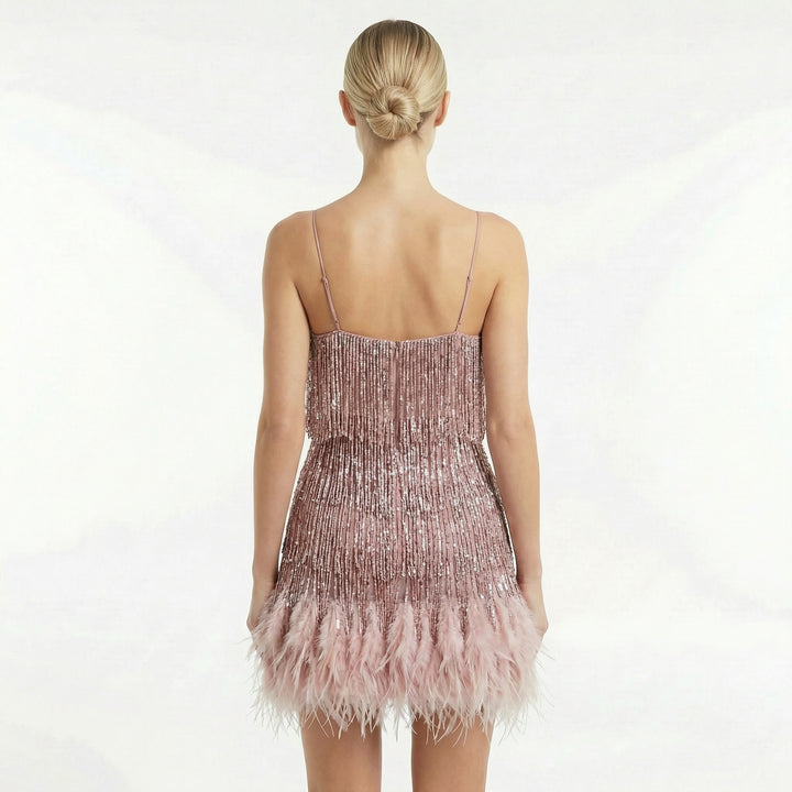 Women's Fringed Feather Mini Dress - Spaghetti Strap Party Evening