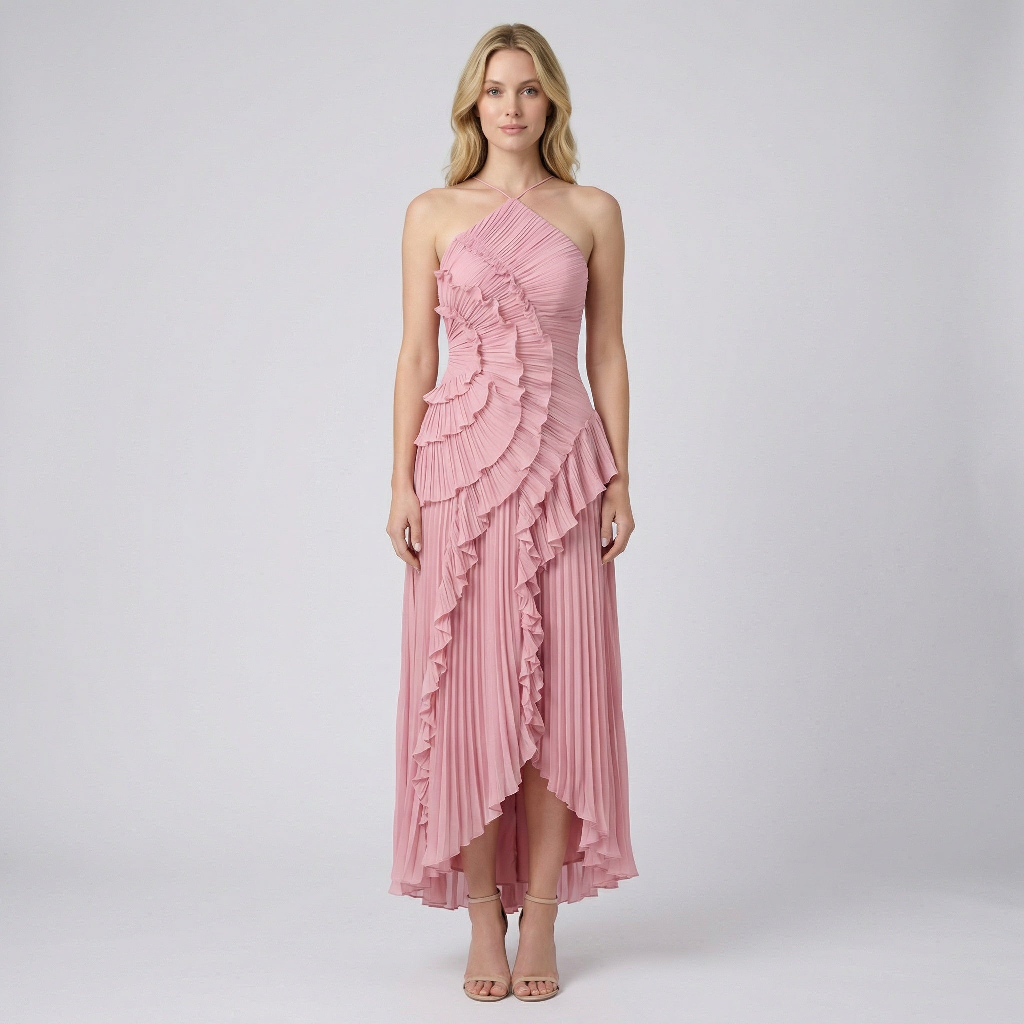 Women's Halter Neck Ruffle Maxi Dress - Backless Evening Occasion