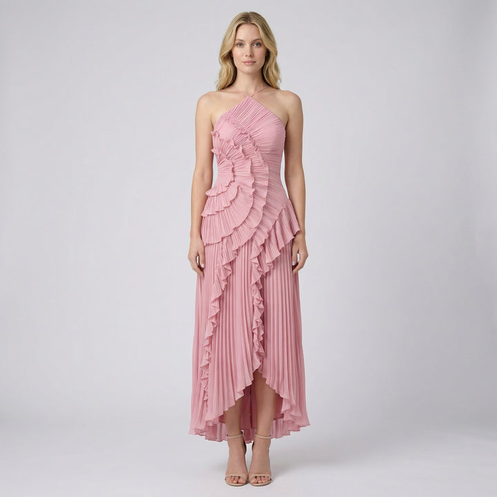 Women's Halter Neck Ruffle Maxi Dress – Backless Evening & Occasion Dress