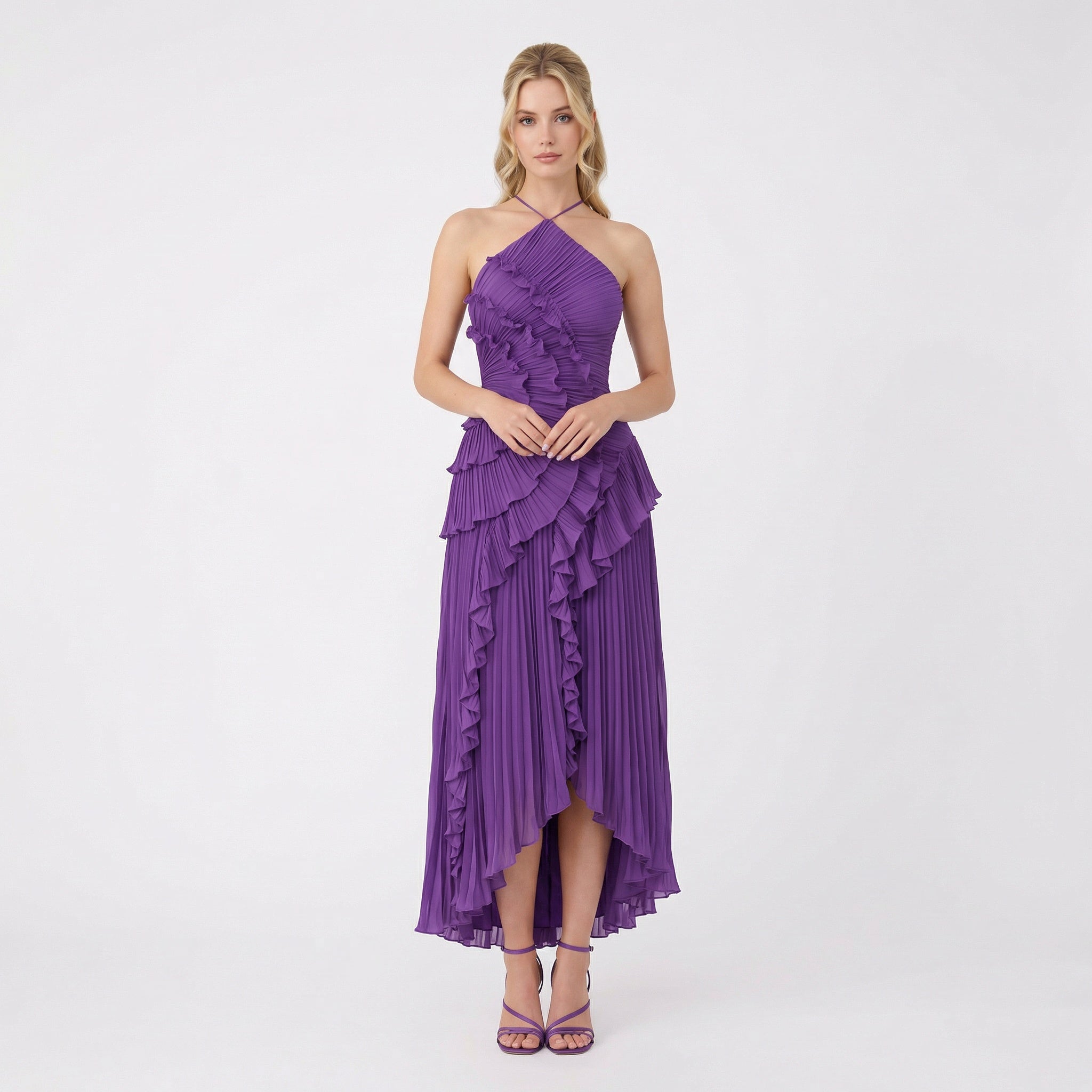 Women's Halter Neck Ruffle Maxi Dress - Backless Evening Occasion