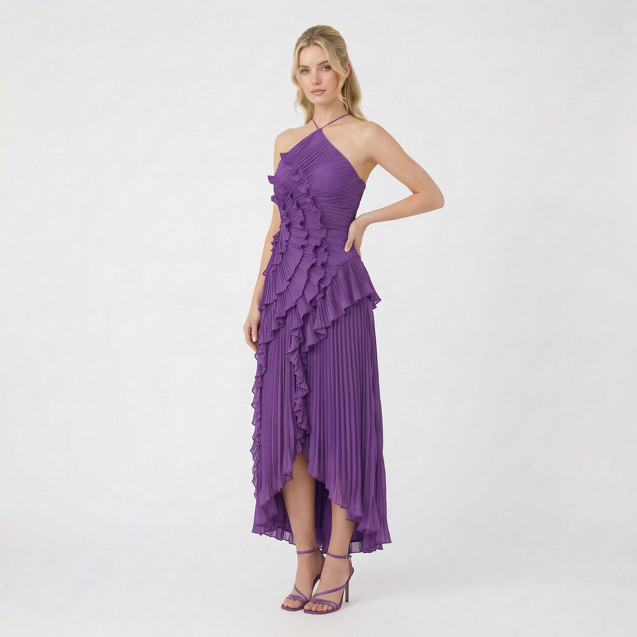 Women's Halter Neck Ruffle Maxi Dress - Backless Evening Occasion