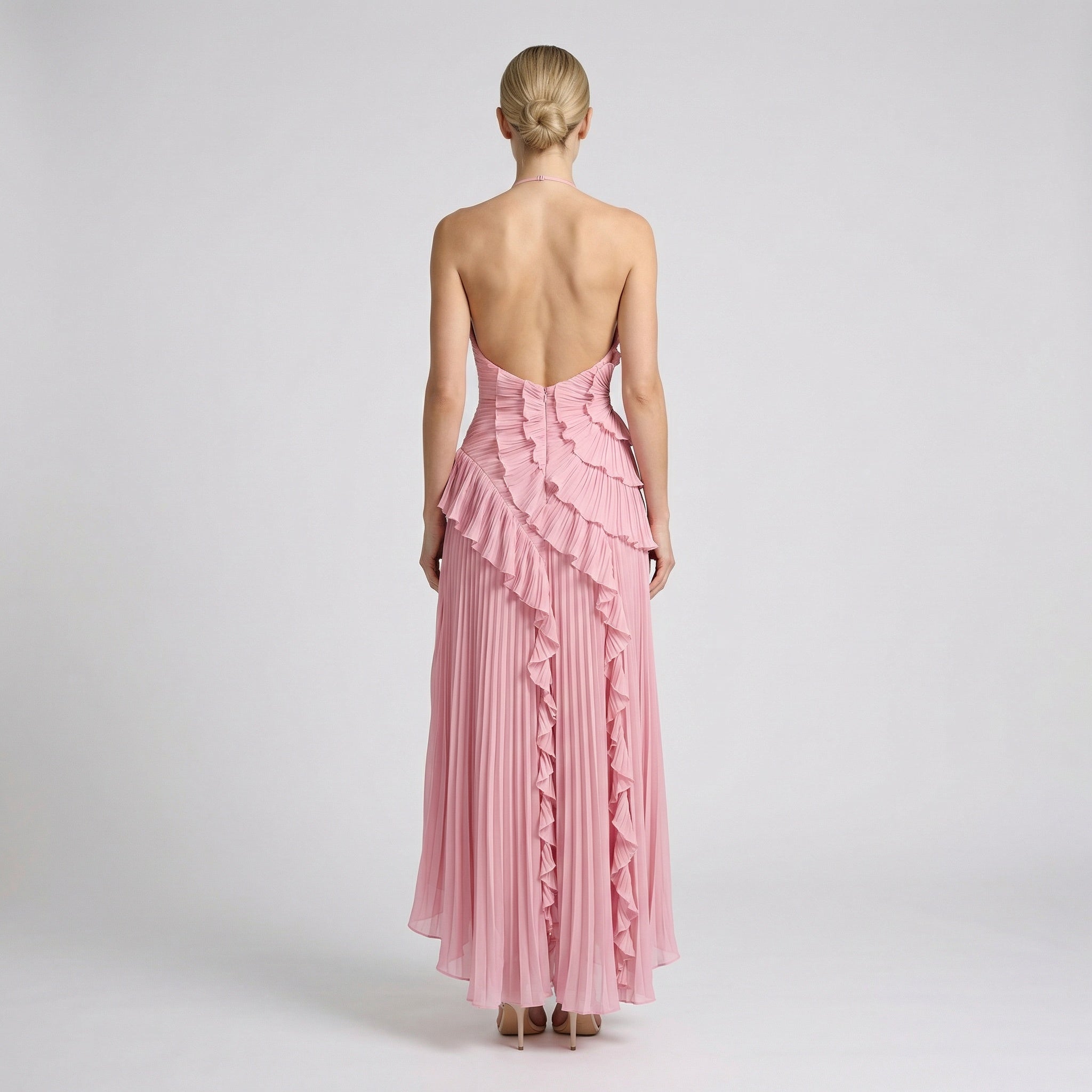 Women's Halter Neck Ruffle Maxi Dress - Backless Evening Occasion