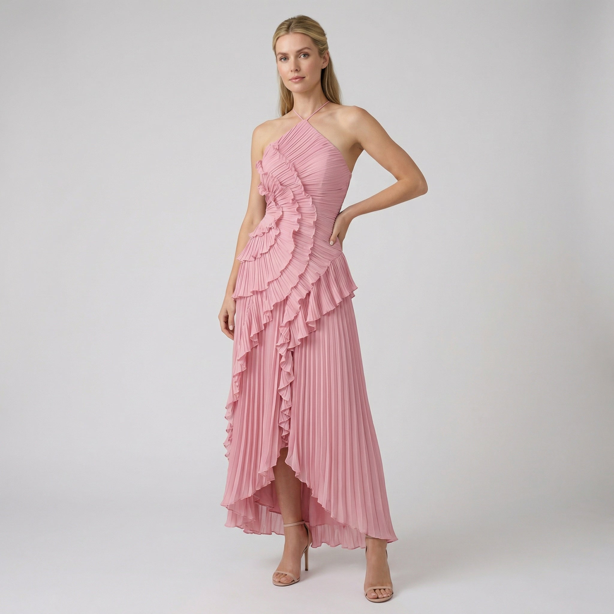 Women's Halter Neck Ruffle Maxi Dress - Backless Evening Occasion