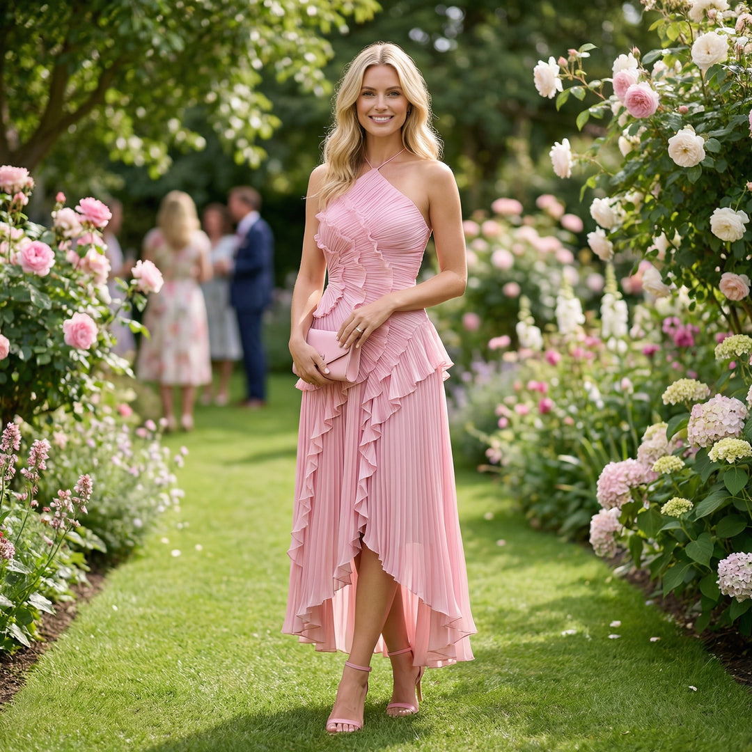 Women's Halter Neck Ruffle Maxi Dress – Backless Evening & Occasion Dress