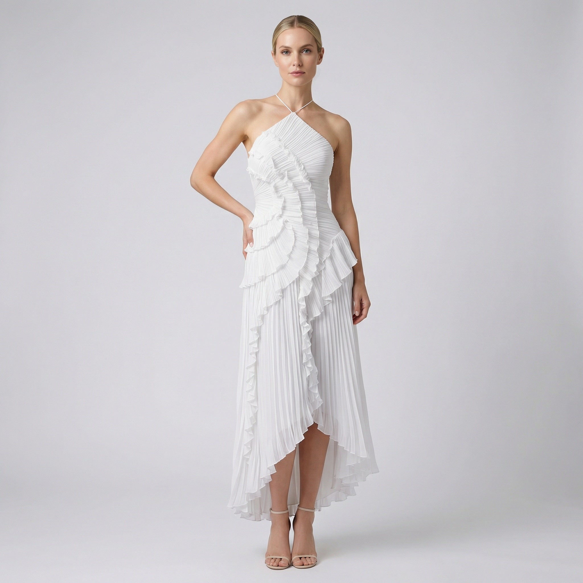 Women's Halter Neck Ruffle Maxi Dress - Backless Evening Occasion