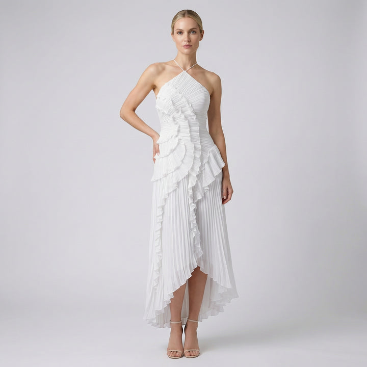 Women's Halter Neck Ruffle Maxi Dress – Backless Evening & Occasion Dress