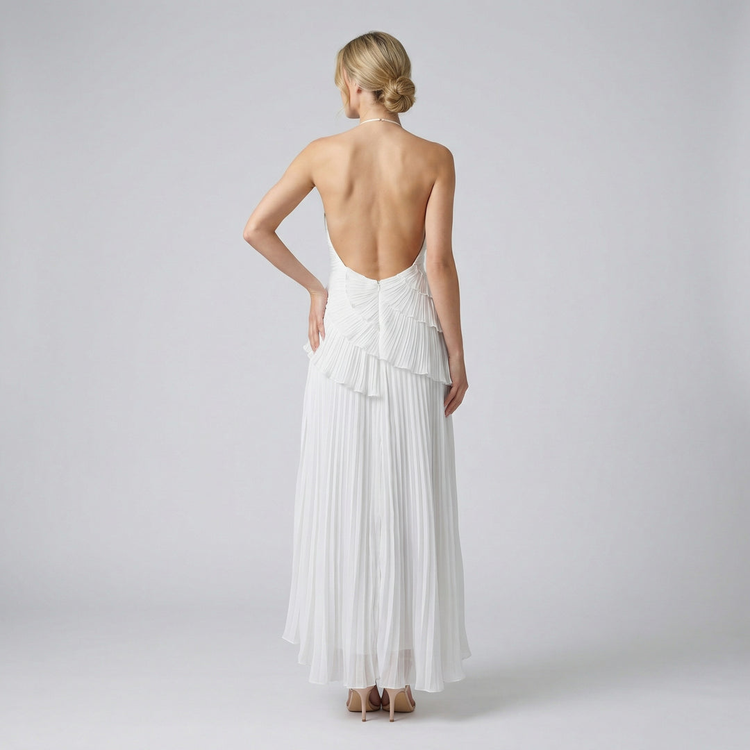Women's Halter Neck Ruffle Maxi Dress – Backless Evening & Occasion Dress