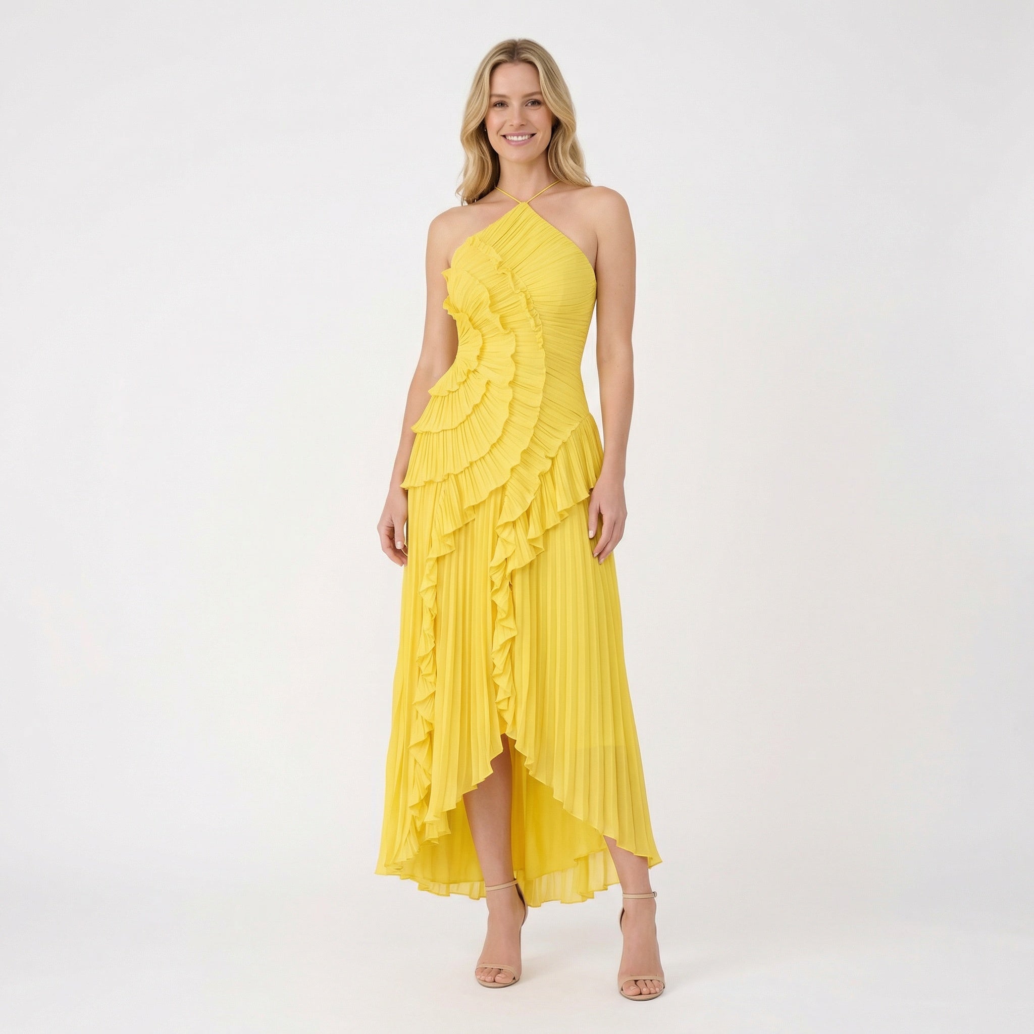Women's Halter Neck Ruffle Maxi Dress - Backless Evening Occasion