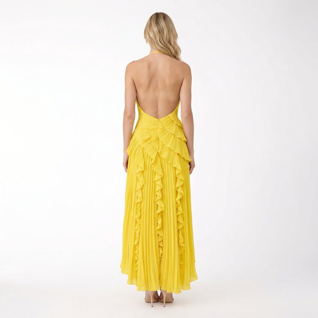 Women's Halter Neck Ruffle Maxi Dress – Backless Evening & Occasion Dress