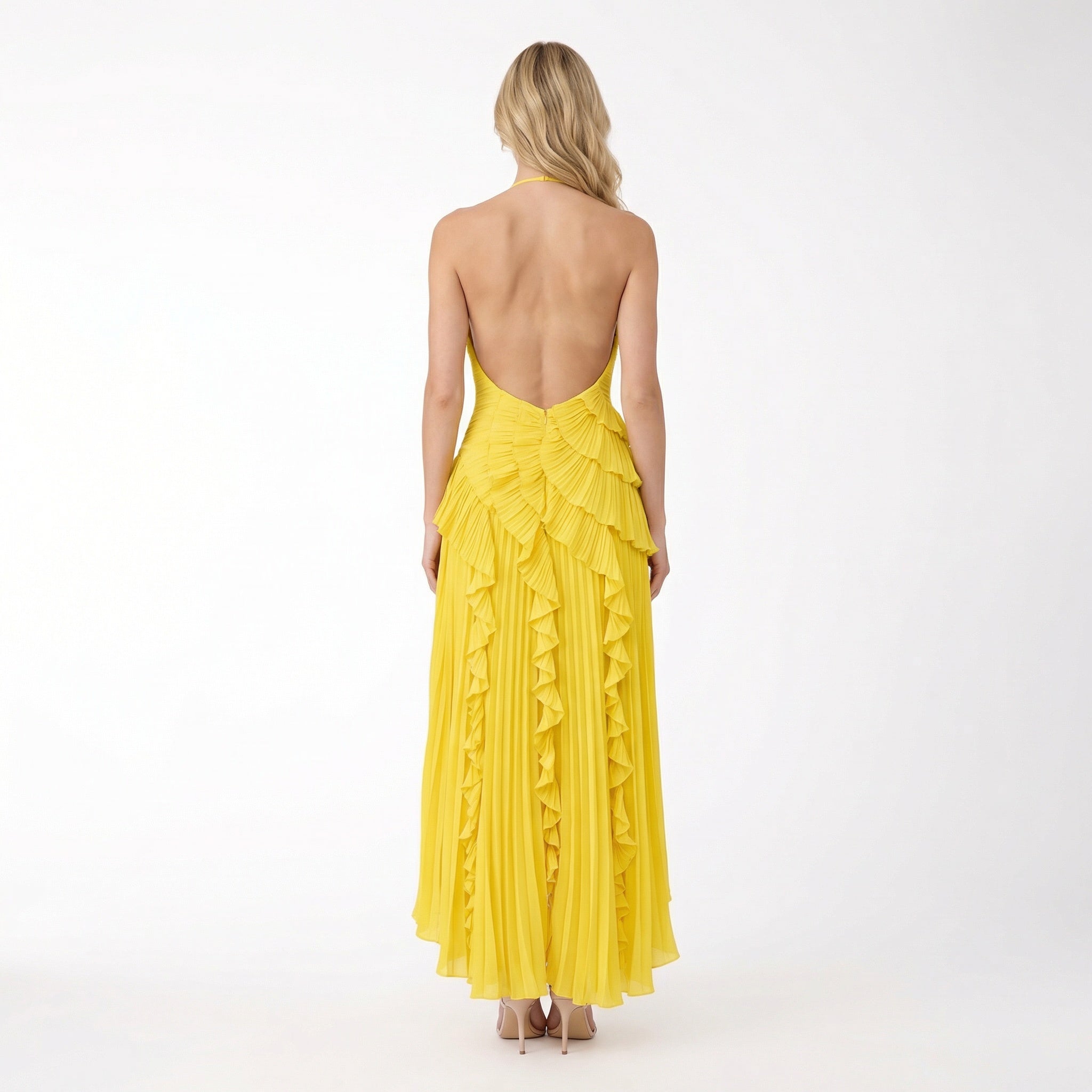 Women's Halter Neck Ruffle Maxi Dress - Backless Evening Occasion