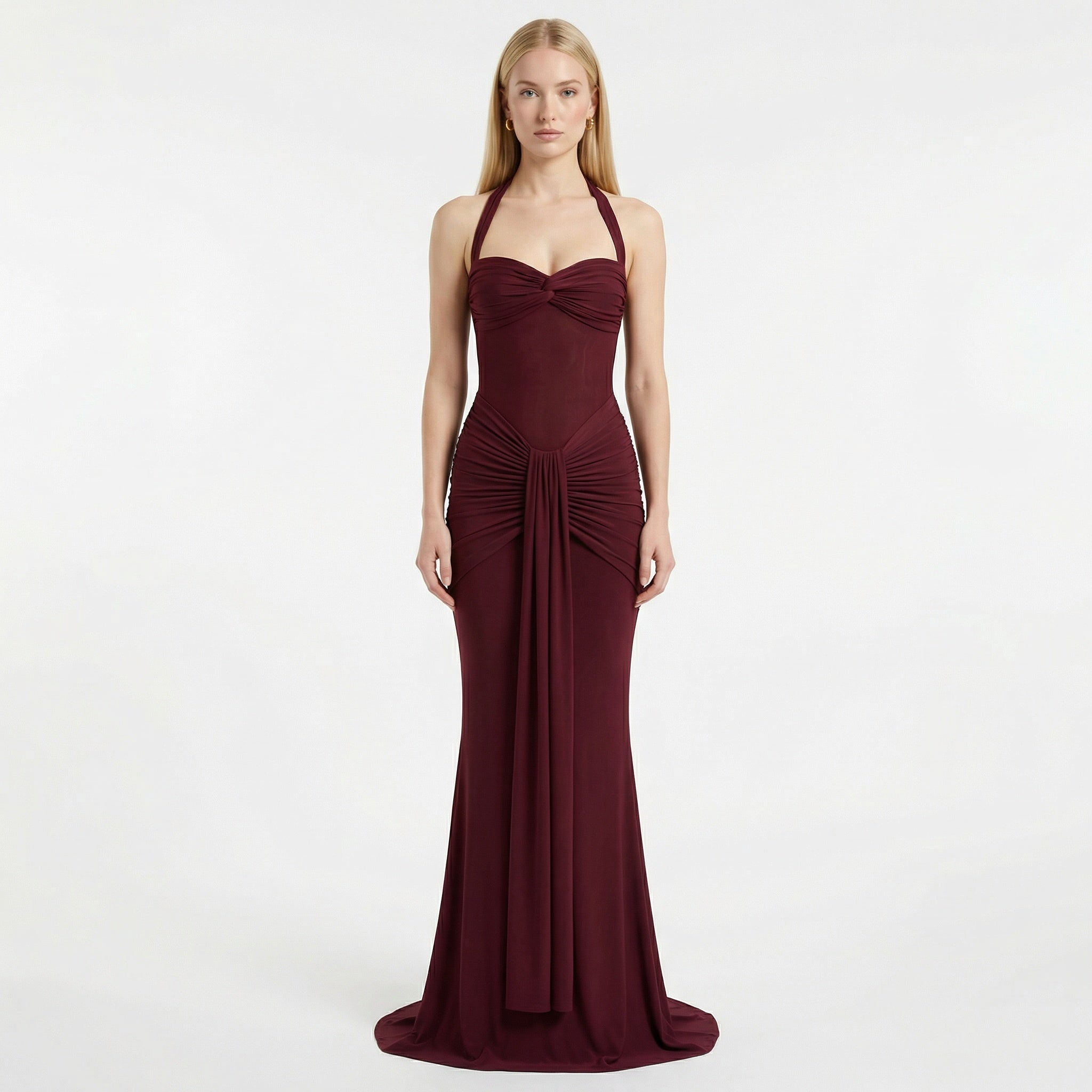 Women's Halter Neck Ruched Maxi Dress - Wedding Guest Evening Occasion