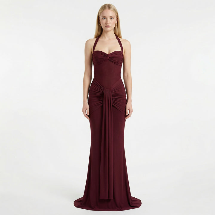 Women's Halter Neck Ruched Maxi Dress - Wedding Guest Evening Occasion