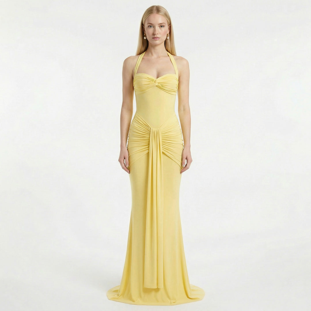 Women's Halter Neck Ruched Maxi Dress - Wedding Guest Evening Occasion