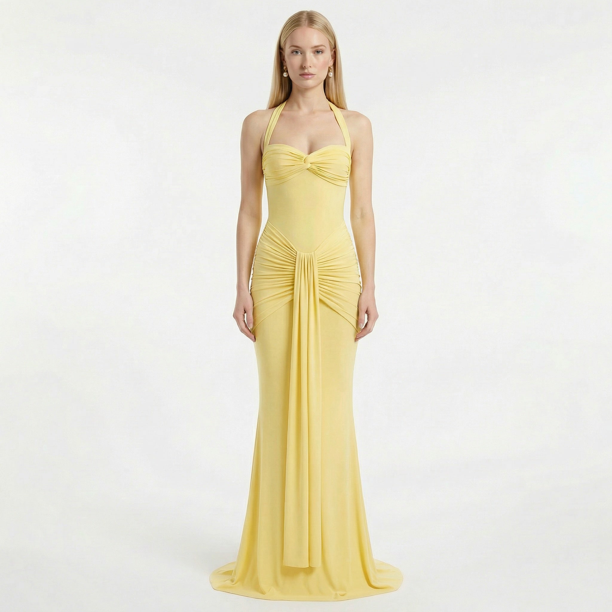 Women's Halter Neck Ruched Maxi Dress - Wedding Guest Evening Occasion