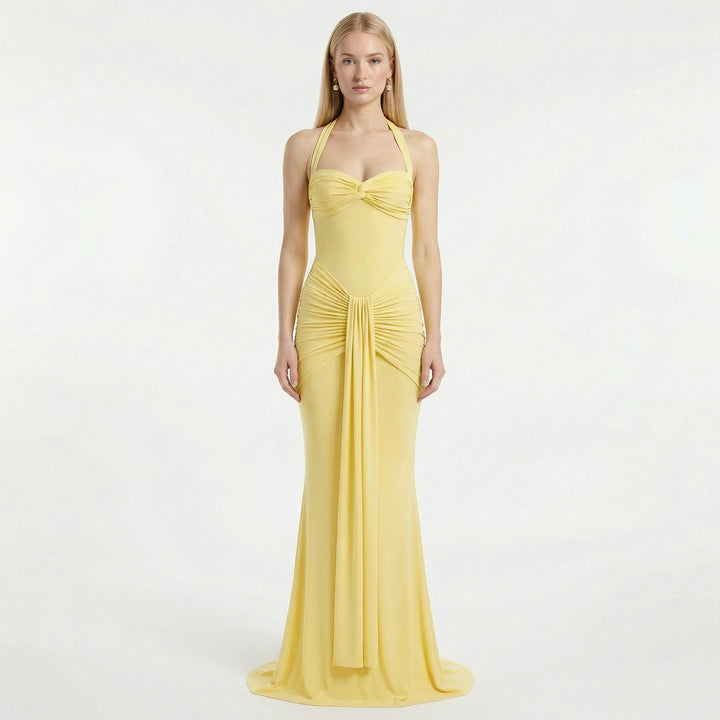 Women's Halter Neck Ruched Maxi Dress - Wedding Guest Evening Occasion
