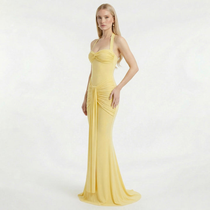 Women's Halter Neck Ruched Maxi Dress - Wedding Guest Evening Occasion
