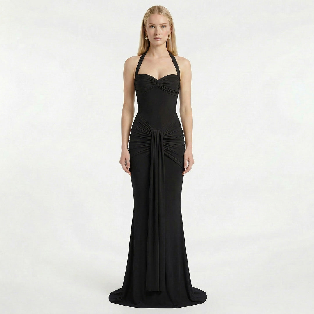 Women's Halter Neck Ruched Maxi Dress - Wedding Guest Evening Occasion