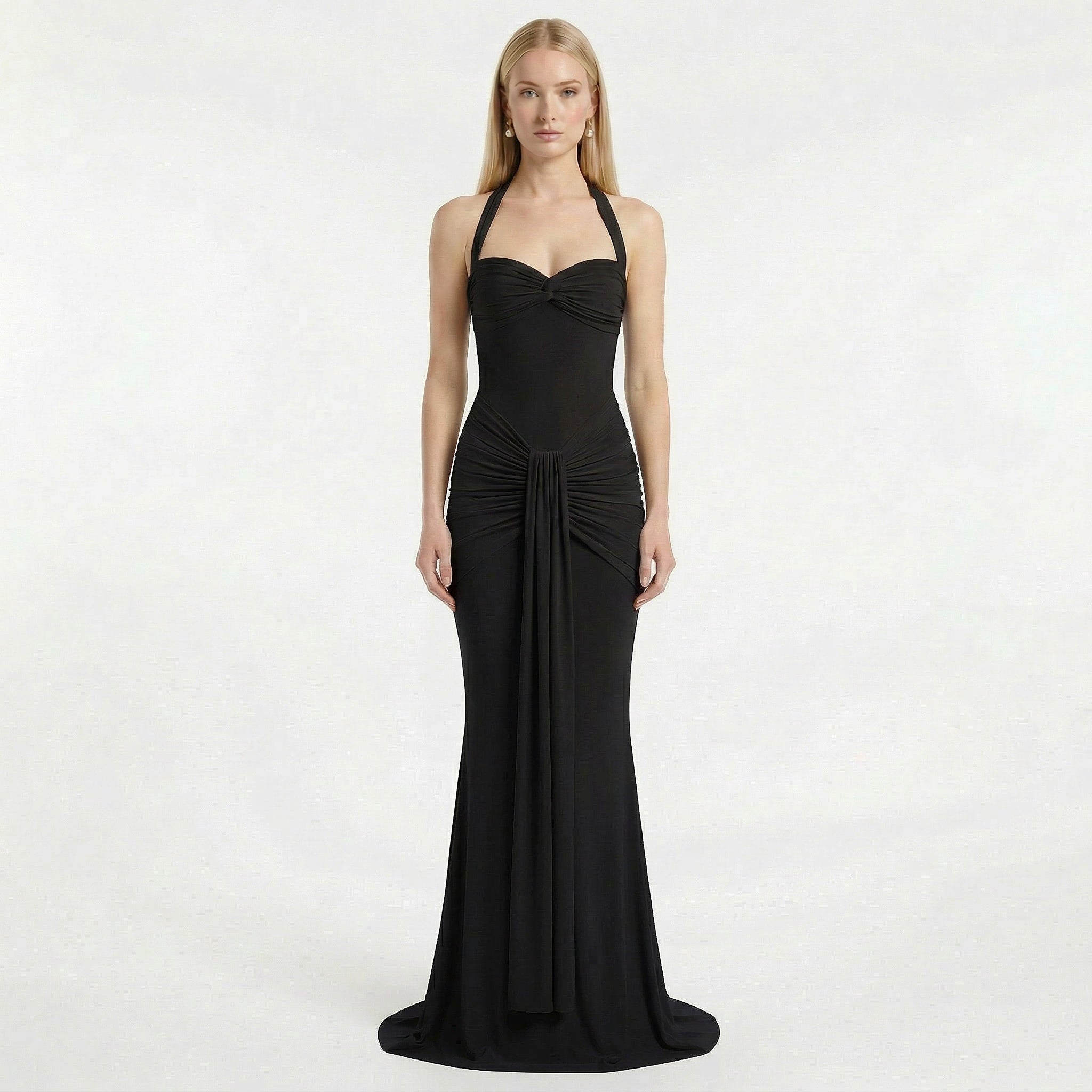 Women's Halter Neck Ruched Maxi Dress - Wedding Guest Evening Occasion