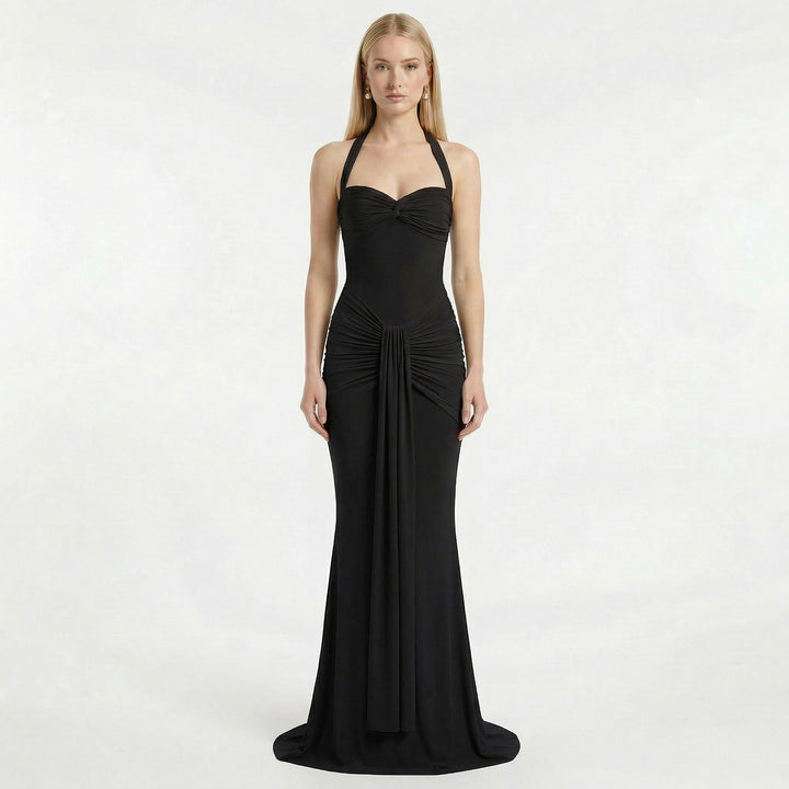 Women's Halter Neck Ruched Maxi Dress - Wedding Guest Evening Occasion