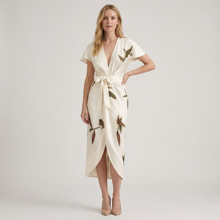 Women's Floral Wrap Midi Dress – V-Neck Summer Holiday & Wedding Guest Dress