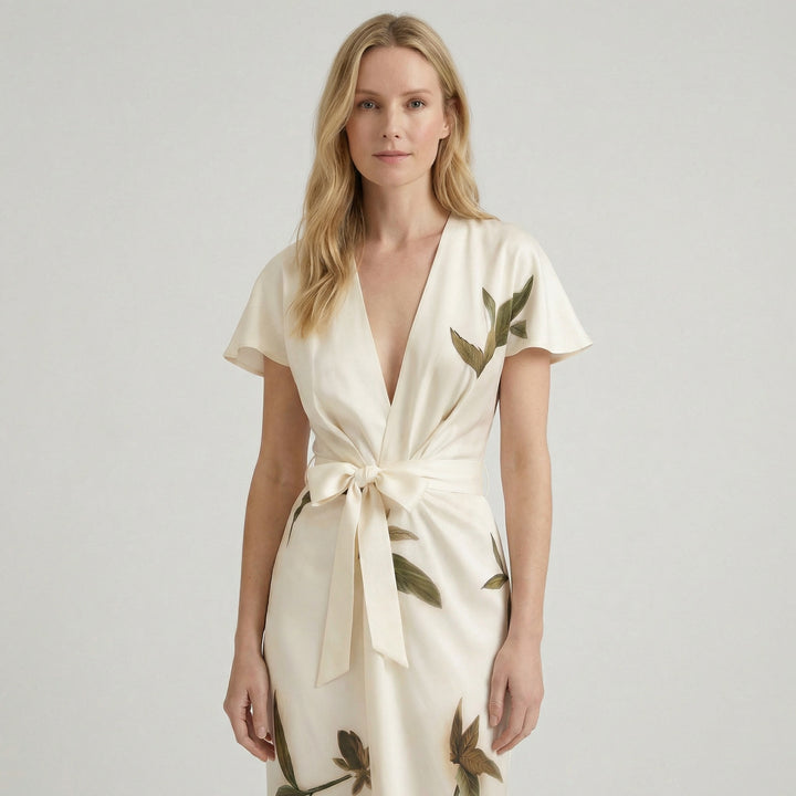 Women's Floral Wrap Midi Dress – V-Neck Summer Holiday & Wedding Guest Dress
