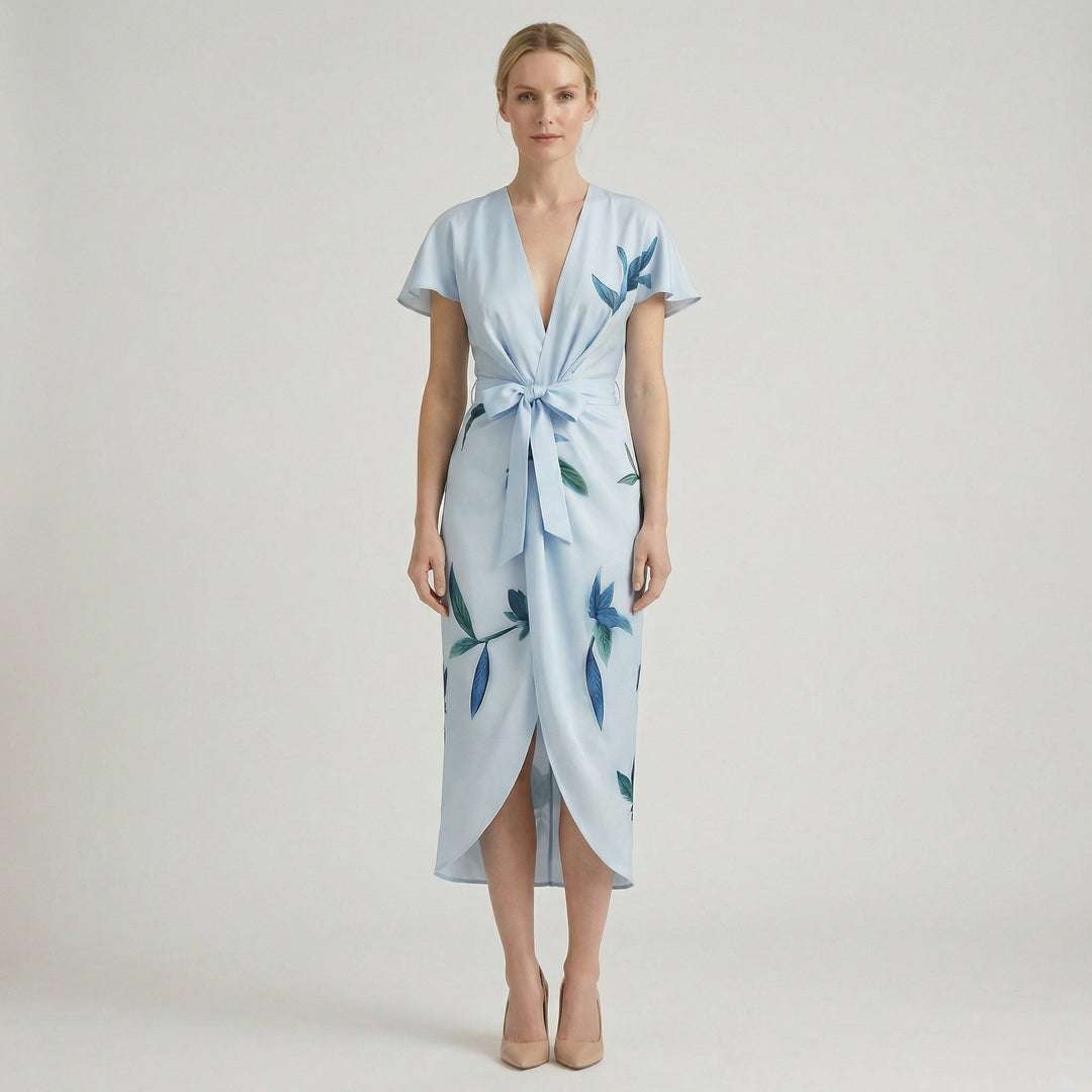 Women's Floral Wrap Midi Dress – V-Neck Summer Holiday & Wedding Guest Dress
