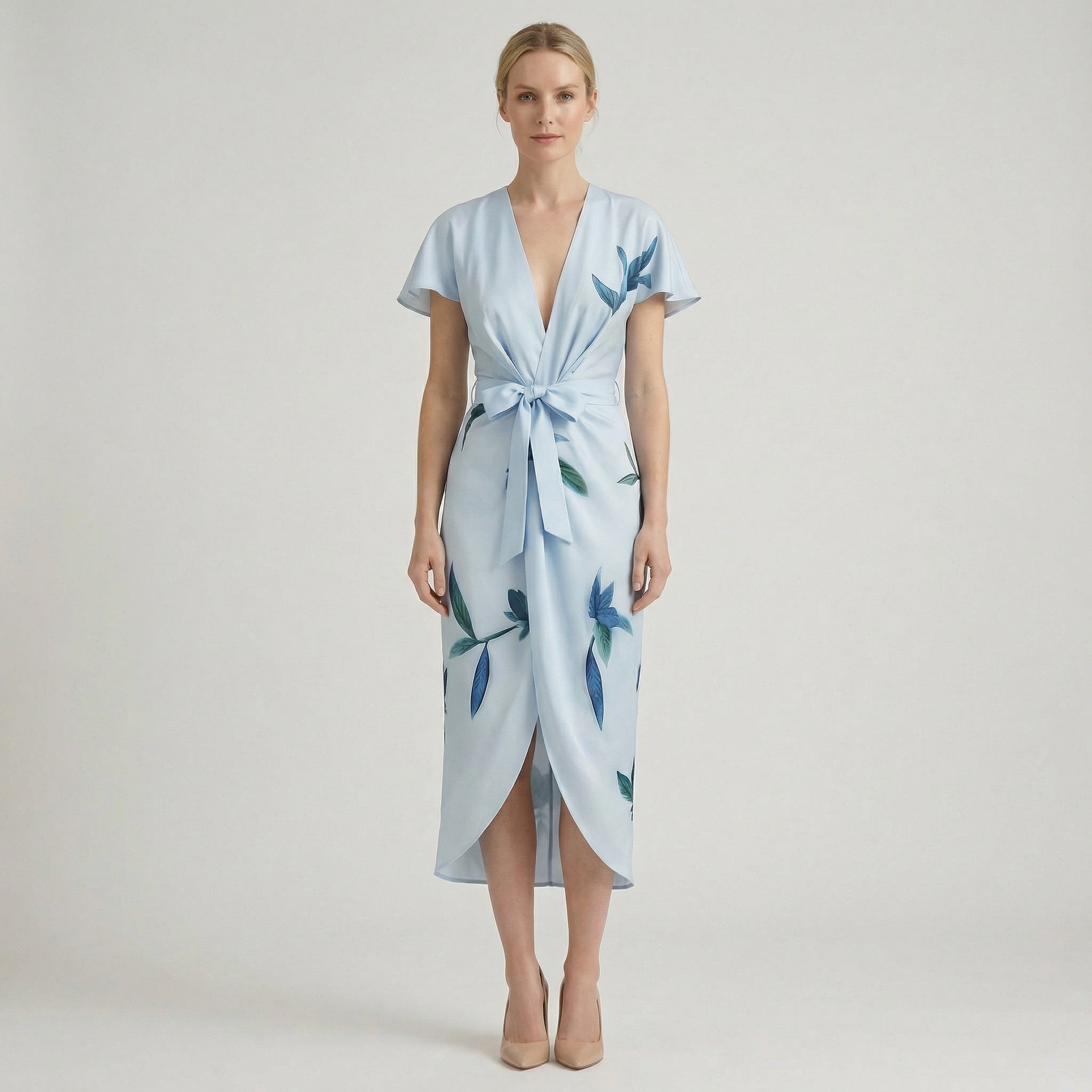 Women's Wrap Midi Dress - Floral V-Neck Summer Holiday Wedding Guest