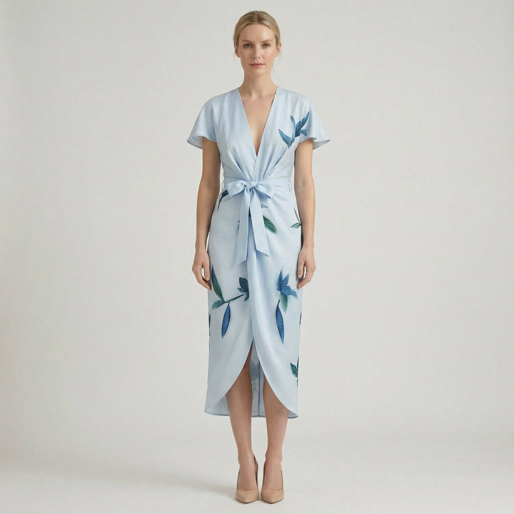 Women's Floral Wrap Midi Dress – V-Neck Summer Holiday & Wedding Guest Dress