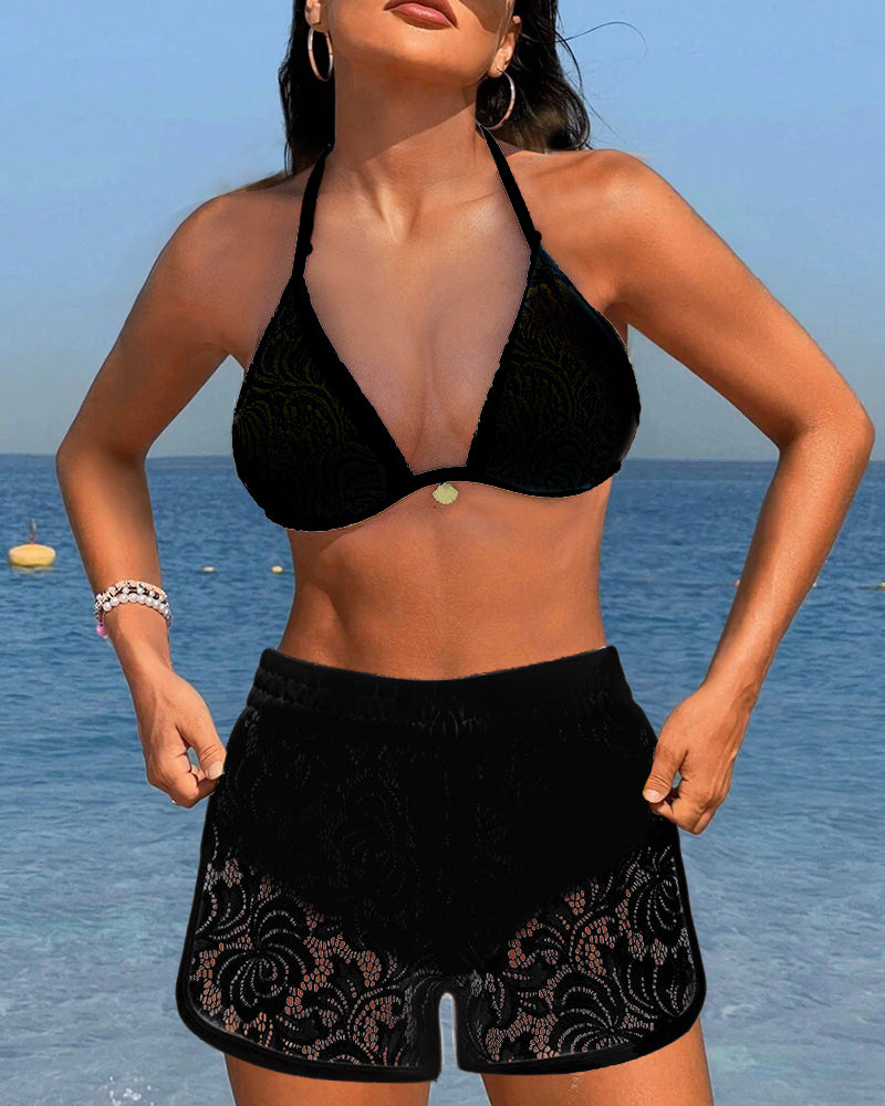 Women's Bikini Set with High Waist Bikini Bottom and Lace Detailing for Summer Beach Wear