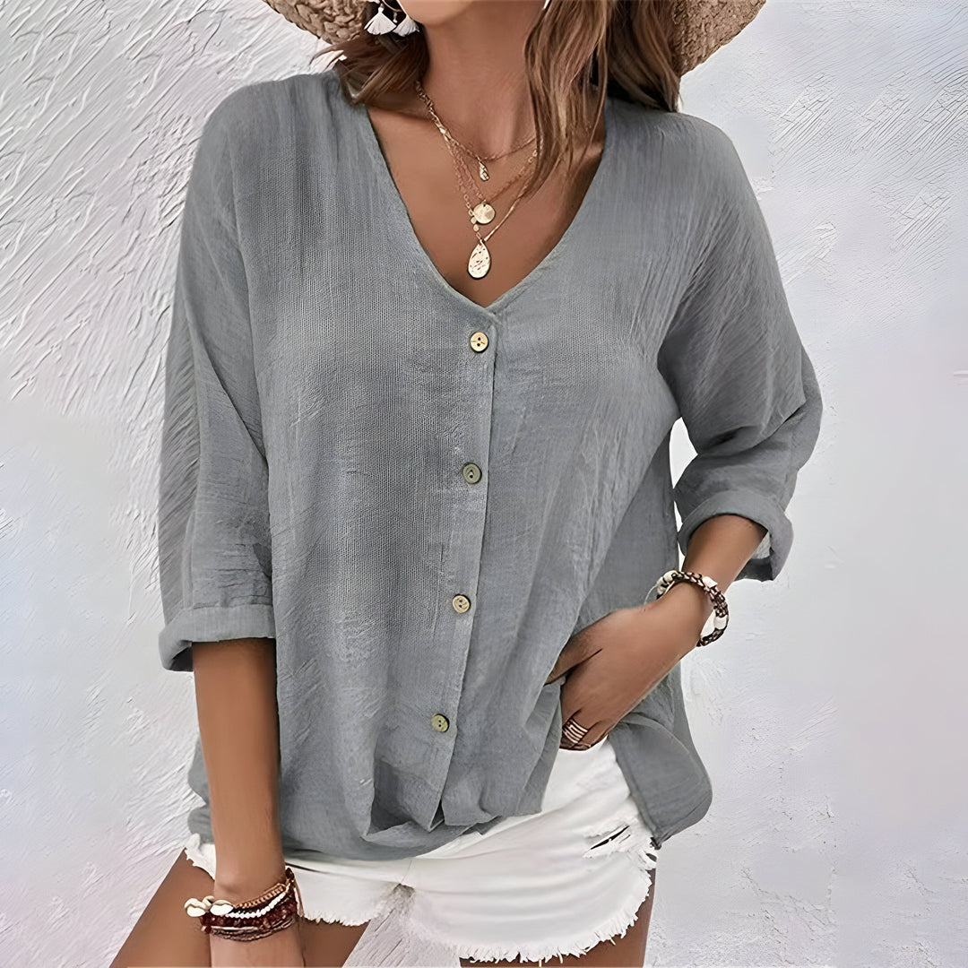 Women's Blouse with V-Neckline and Relaxed Fit in Soft Fabric for Summer Casual Wear