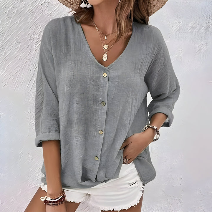 Women's Blouse with V-Neckline and Relaxed Fit in Soft Fabric for Summer Casual Wear