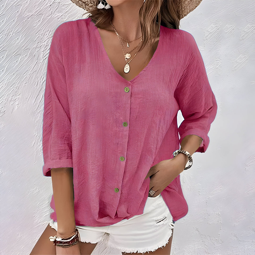 Women's Blouse with V-Neckline and Relaxed Fit in Soft Fabric for Summer Casual Wear