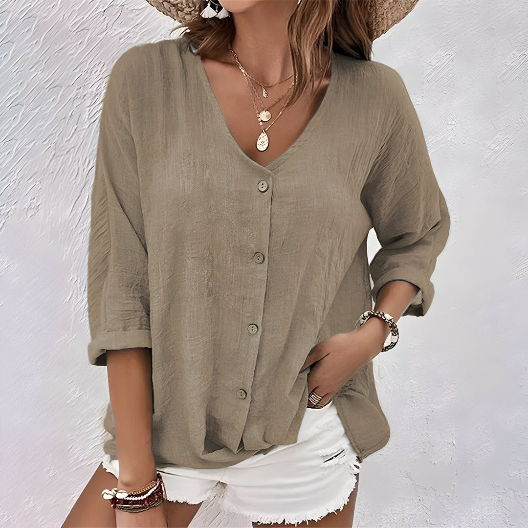Women's Blouse with V-Neckline and Relaxed Fit in Soft Fabric for Summer Casual Wear