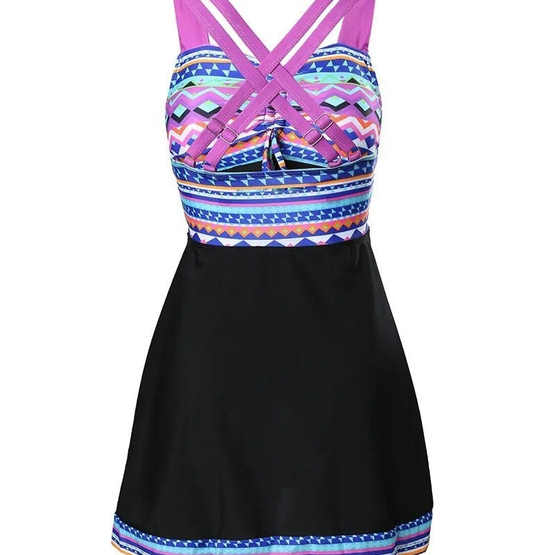 Women's Chic Patterned Swim Dress with Adjustable Bust for Poolside Elegance