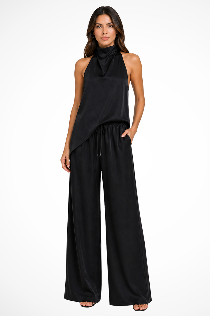 Women's Co-Ord Set Halter Neck Top and Wide Leg Trousers for Casual Events 0