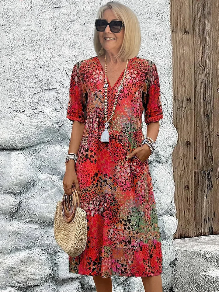 Women's Colorful Midi Dress with Relaxed Fit and Pockets for Summer Events