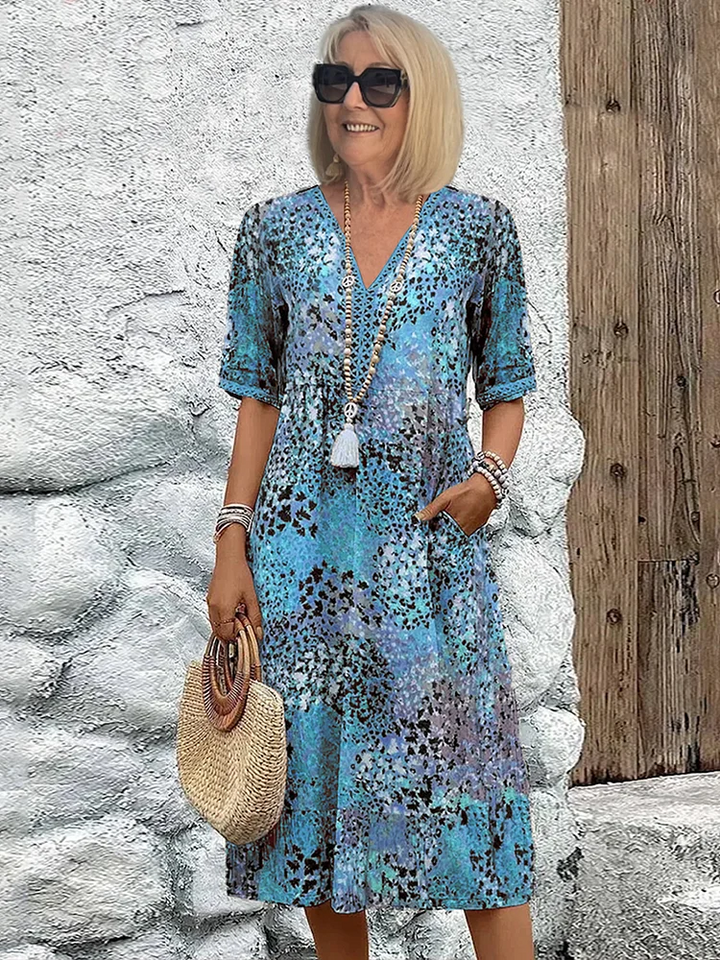 Women's Colorful Midi Dress with Relaxed Fit and Pockets for Summer Events
