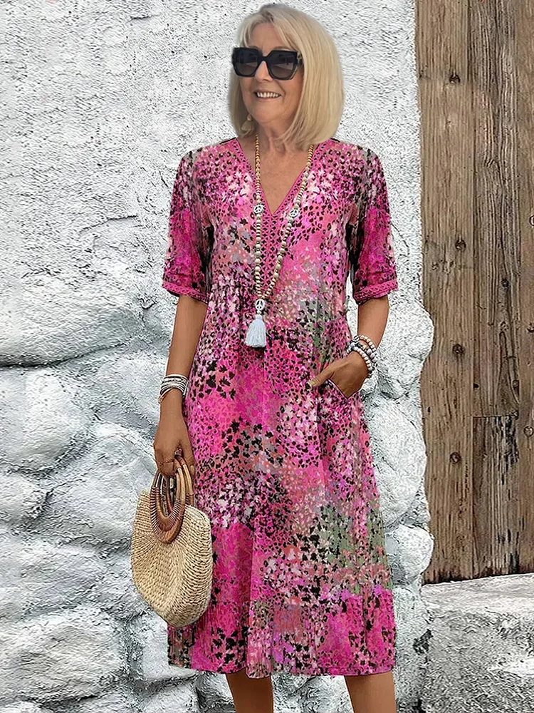Women's Colorful Midi Dress with Relaxed Fit and Pockets for Summer Events