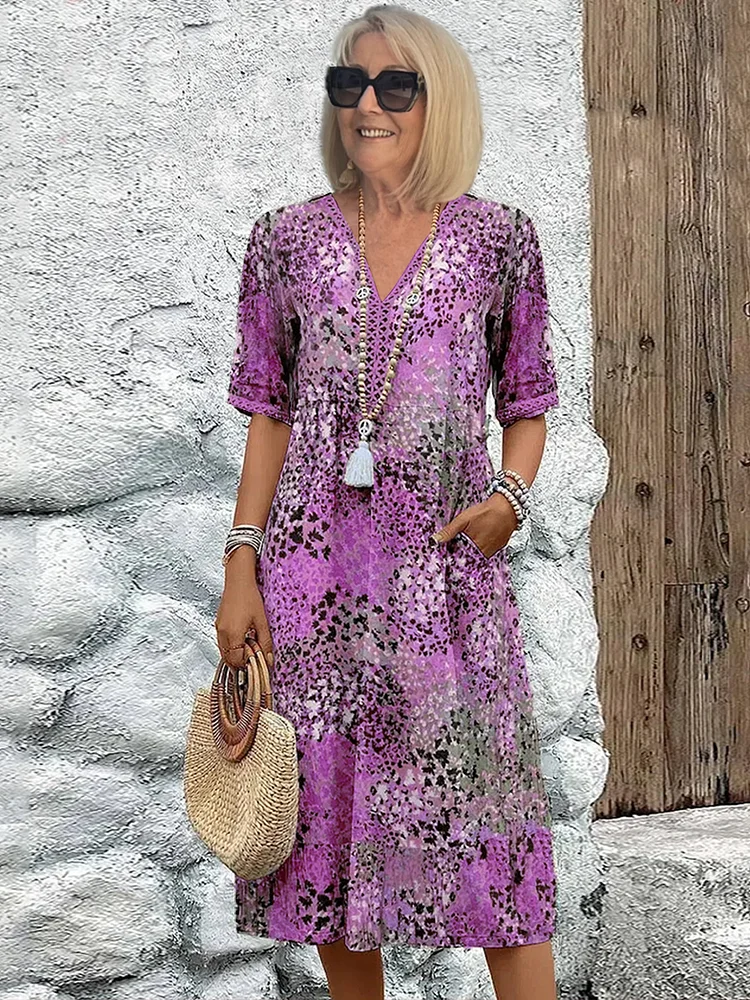 Women's Colorful Midi Dress with Relaxed Fit and Pockets for Summer Events
