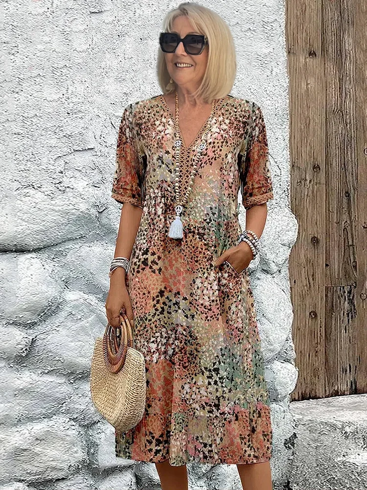 Women's Colorful Midi Dress with Relaxed Fit and Pockets for Summer Events