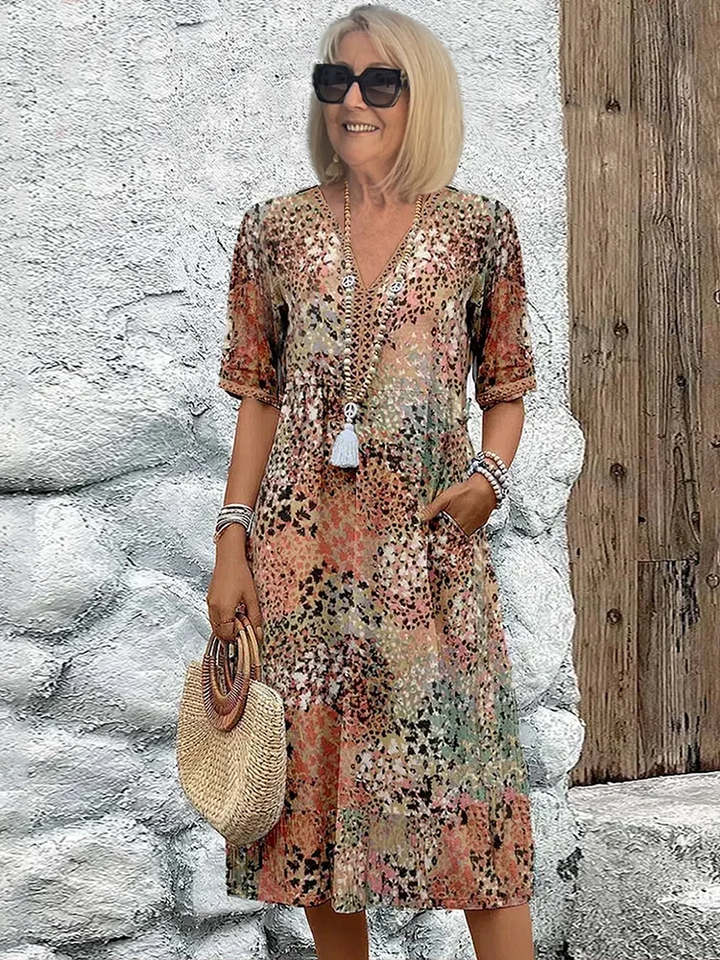 Women's Colorful Midi Dress with Relaxed Fit and Pockets for Summer Events