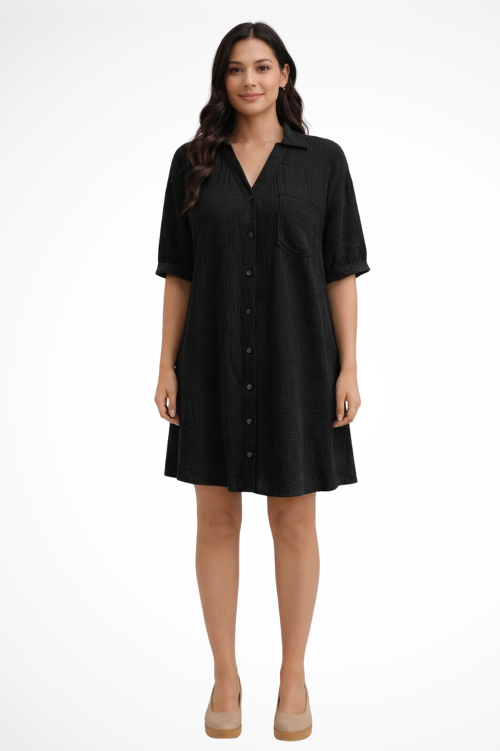 Women's Cotton Midi Dress | Relaxed Short Sleeve Button-Up Everyday Dress