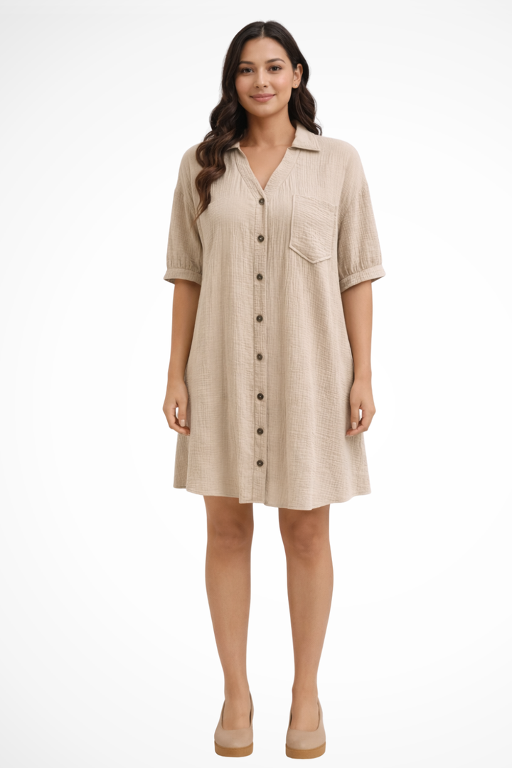 Women's Cotton Midi Dress | Relaxed Short Sleeve Button-Up Everyday Dress