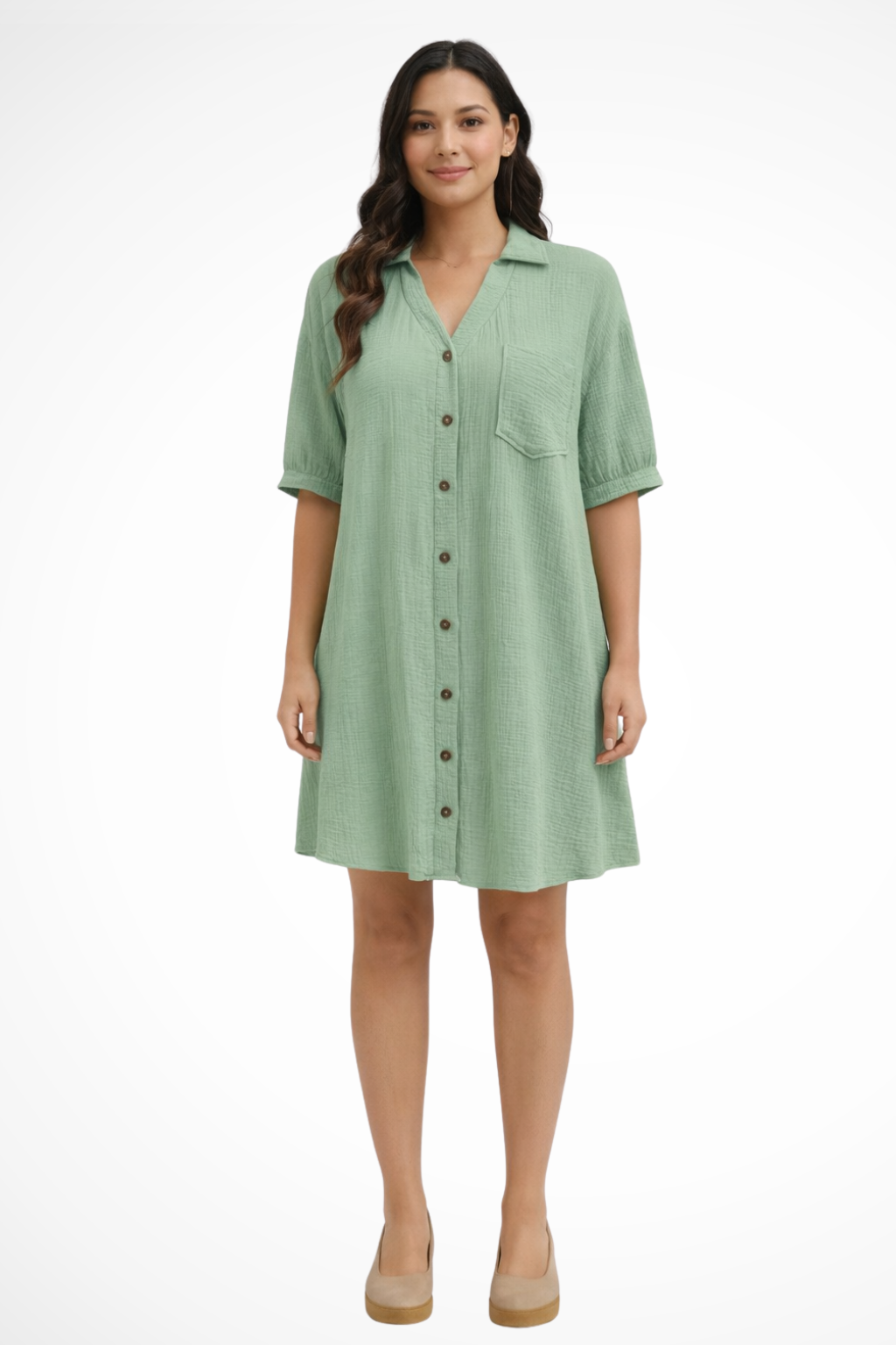 Women's Cotton Midi Dress | Relaxed Short Sleeve Button-Up Everyday Dress