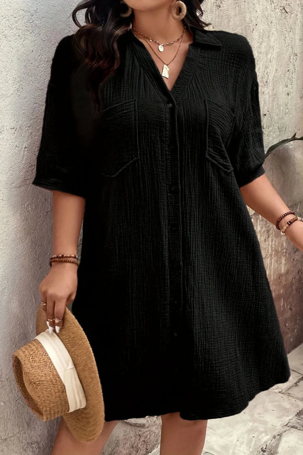 Women's Cotton Midi Dress | Relaxed Short Sleeve Button-Up Everyday Dress