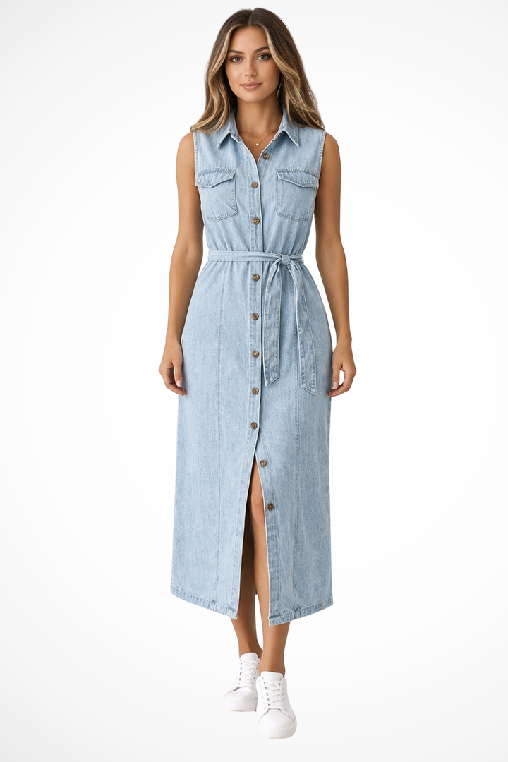 Women's Denim Maxi Dress | Stylish Sleeveless Summer Dress with Adjustable Waist Belt