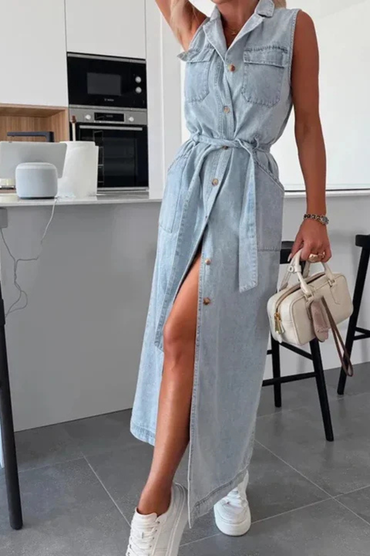 Women's Denim Maxi Dress | Stylish Sleeveless Summer Dress with Adjustable Waist Belt