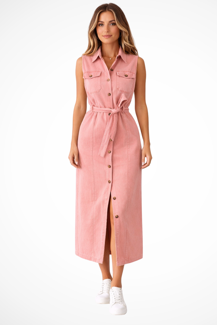 Women's Denim Maxi Dress | Stylish Sleeveless Summer Dress with Adjustable Waist Belt