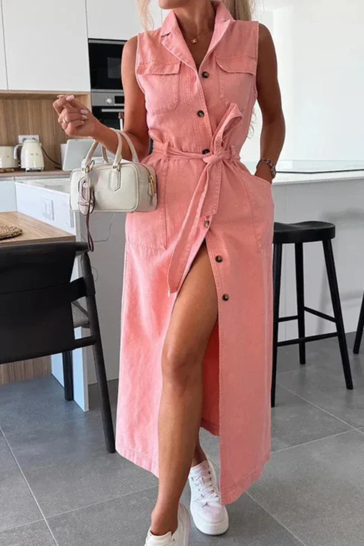 Women's Denim Maxi Dress | Stylish Sleeveless Summer Dress with Adjustable Waist Belt